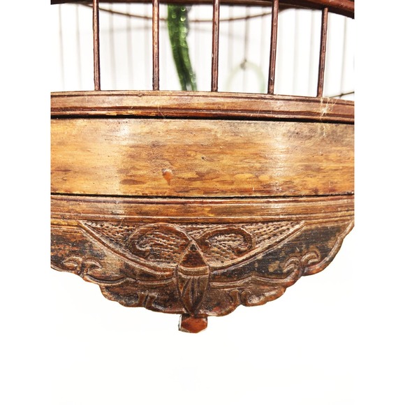 Vintage Hanging Wood Bamboo Bird Cage w/ Bird Ornament - Picture 3 of 12